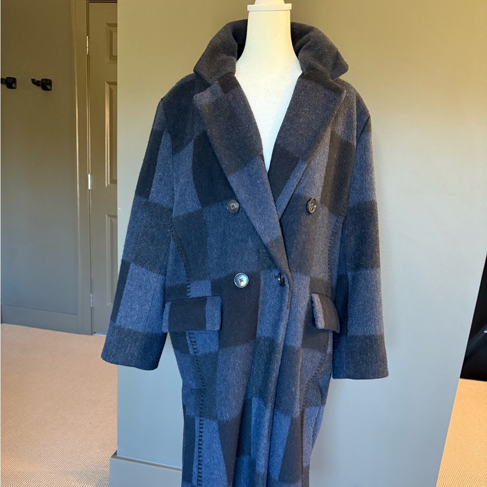 Plaid Designer Wool Coat in Black and Blue.
